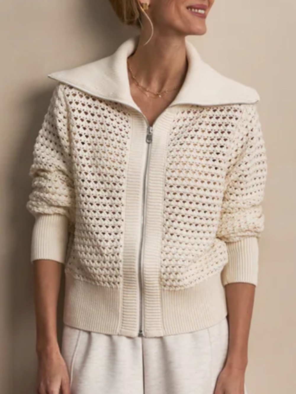 Varley Cream Open-Knit Zip Front Sweater